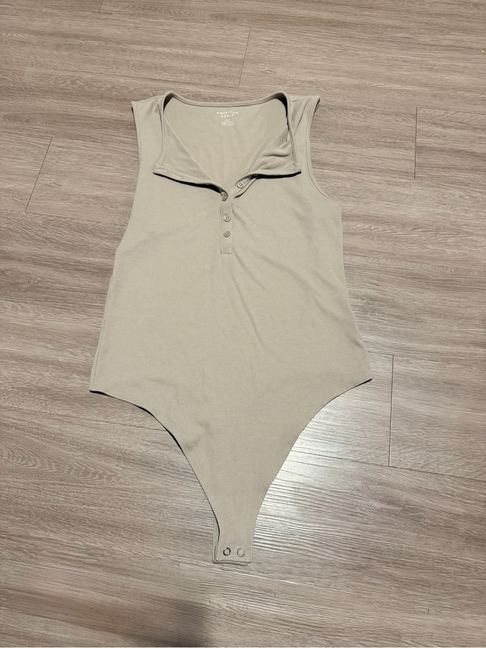 American Eagle Outfitters Sleeveless Ribbed Henley Bodysuit in Beige